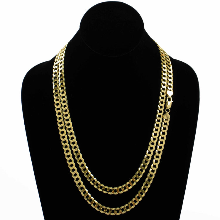 A black velvet jewelry bust showcases two layered men's gold chain necklaces, featuring the Curb Link Chain - 8mm 14k Gold Bonded with flat, interlocking links for a bold and elegant look.