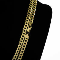 Close-up of the Curb Link Chain - 8mm 14k Gold Bonded, a men's gold chain necklace with a curb link design and lobster clasp, displayed on a black velvet bust against a white background.