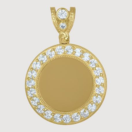 The Custom 10k Solid Gold Picture Pendant with CZ Stones features a round gold frame with sparkling CZ stones, a smooth center for personalization, and a CZ-accented bail, shown against a light grey background.
