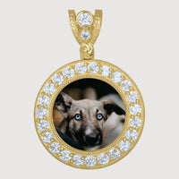A Custom 10k Solid Gold Picture Pendant with CZ Stones displays a photo of a dog with striking blue eyes and tan fur—a beautiful personalized piece.