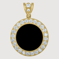 The Custom 10k Solid Gold Picture Pendant with CZ Stones features a bold black center framed by sparkling clear CZs and a gem-accented bail—ideal as a personalized gold pendant or unique custom picture gift.