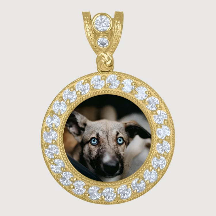 A Custom 10k Solid Gold Picture Pendant with CZ Stones displays a photo of a dog with striking blue eyes and tan fur—a beautiful personalized piece.