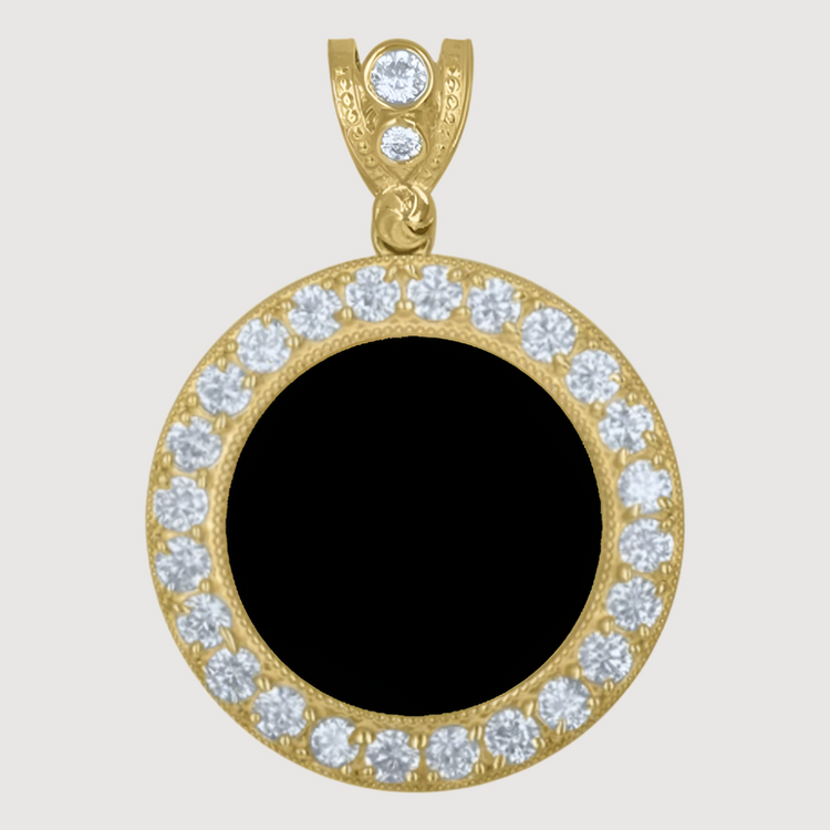 The Custom 10k Solid Gold Picture Pendant with CZ Stones features a bold black center framed by sparkling clear CZs and a gem-accented bail—ideal as a personalized gold pendant or unique custom picture gift.