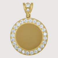 The Custom 10k Solid Gold Picture Pendant with CZ Stones features a round design with a plain center, sparkling CZ border, and decorative gold bail—ideal as a personalized pendant for any chain.