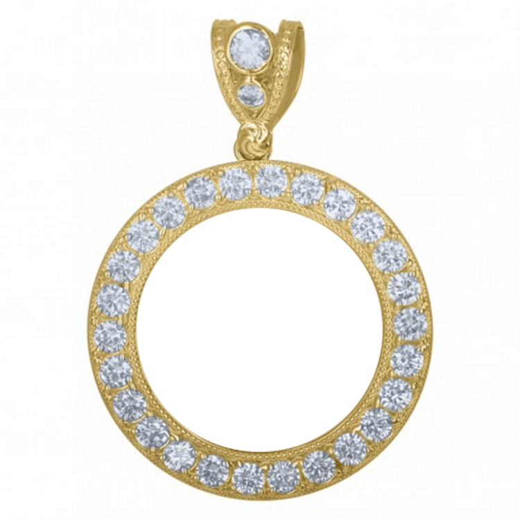 The Custom 10k Solid Gold Picture Pendant with CZ Stones features a circular design, large central opening, sparkling CZ stone border, and a bail accented by two stones for an elegant, personalized touch.