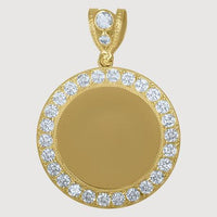 The Custom 10k Solid Gold Picture Pendant with CZ Stones features a round design with a plain center, a border of sparkling CZ stones, and a gold bail adorned with additional CZ accents.