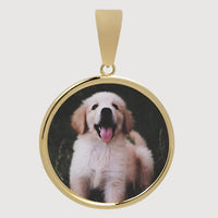 10k Solid Gold Picture Pendant - Customizable Medallion featuring a round image of a happy golden retriever puppy sitting on grass with its tongue out.