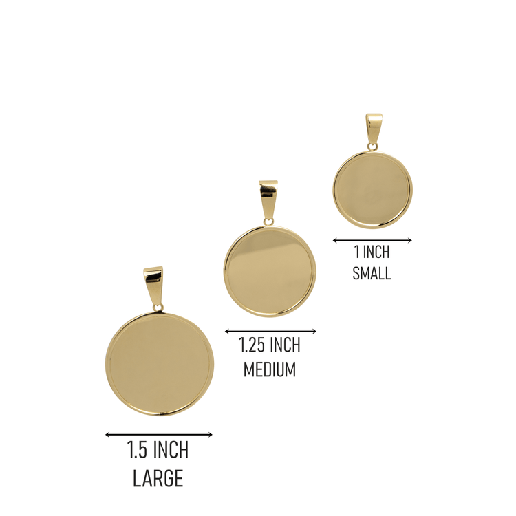 The 10k Solid Gold Picture Pendant - Customizable Medallion is shown in three round sizes (1", 1.25", 1.5"), each labeled, ideal for creating your own personalized photo pendant or custom gold medallion.