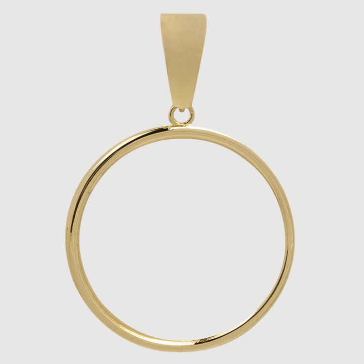 The 10k Solid Gold Picture Pendant is a customizable medallion featuring a smooth, polished open circle and simple bail—an elegant foundation for displaying your custom photo against a light background.