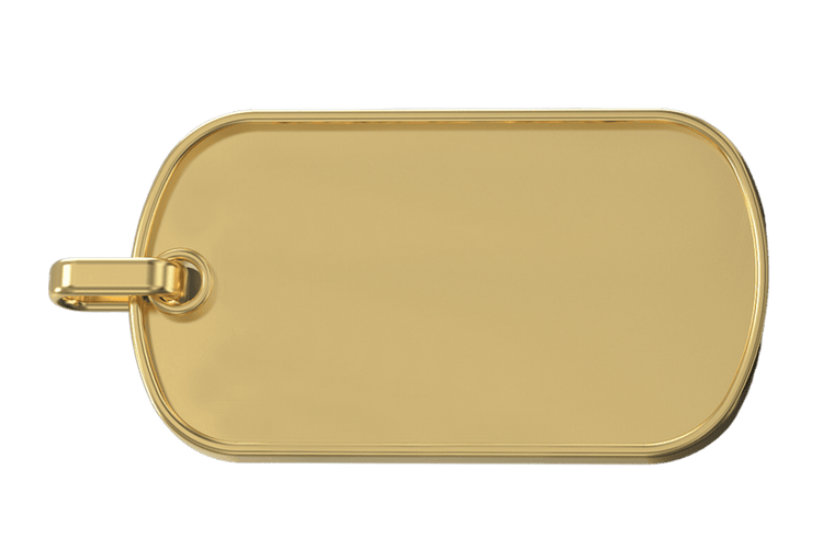 The Custom Military/Dog Tag Pendant features a plain, rectangular gold design with rounded corners and a small loop on the left for attaching to a chain. Shown unengraved against a white background.