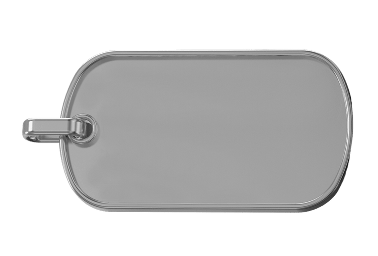 The Custom Military/Dog Tag Pendant is a blank, silver metal tag with a rounded rectangular shape and small loop for attaching to a chain, shown against a plain white background.