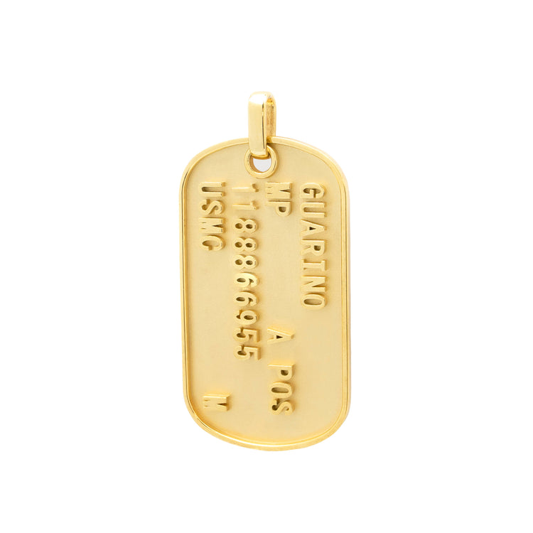 The Custom Military/Dog Tag Pendant is a gold rectangular pendant with rounded edges and a top loop, personalized with embossed name, blood type, serial number, and USMC.