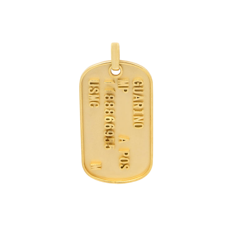 The Custom Military/Dog Tag Pendant displays military-style engraving of a name, blood type, ID number, and branch abbreviation on a gold tag shown against a white background.