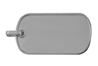 The Custom Military/Dog Tag Pendant is a blank, silver metal tag with a rounded rectangular shape and small loop for attaching to a chain, shown against a plain white background.