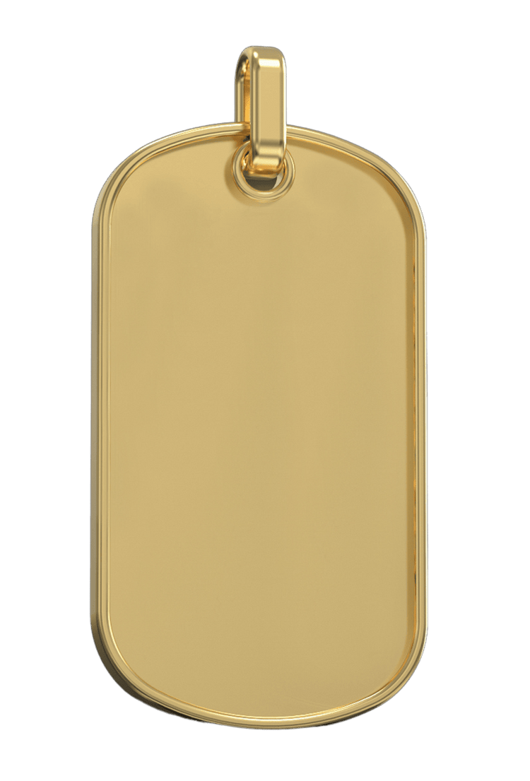 The Custom Military/Dog Tag Pendant features a plain, rectangular gold design with rounded edges and a smooth surface, attached to a gold bail—ideal as a personalized or custom gold dog tag pendant for your unique style.