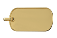 The Custom Military/Dog Tag Pendant features a plain, rectangular gold design with rounded corners and a small loop on the left for attaching to a chain. Shown unengraved against a white background.