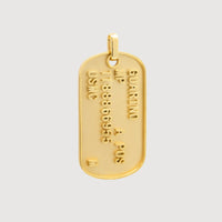 The Custom Military/Dog Tag Pendant is a gold pendant with embossed text—name, blood type, ID number, and USMC—hanging from a small loop at the top.
