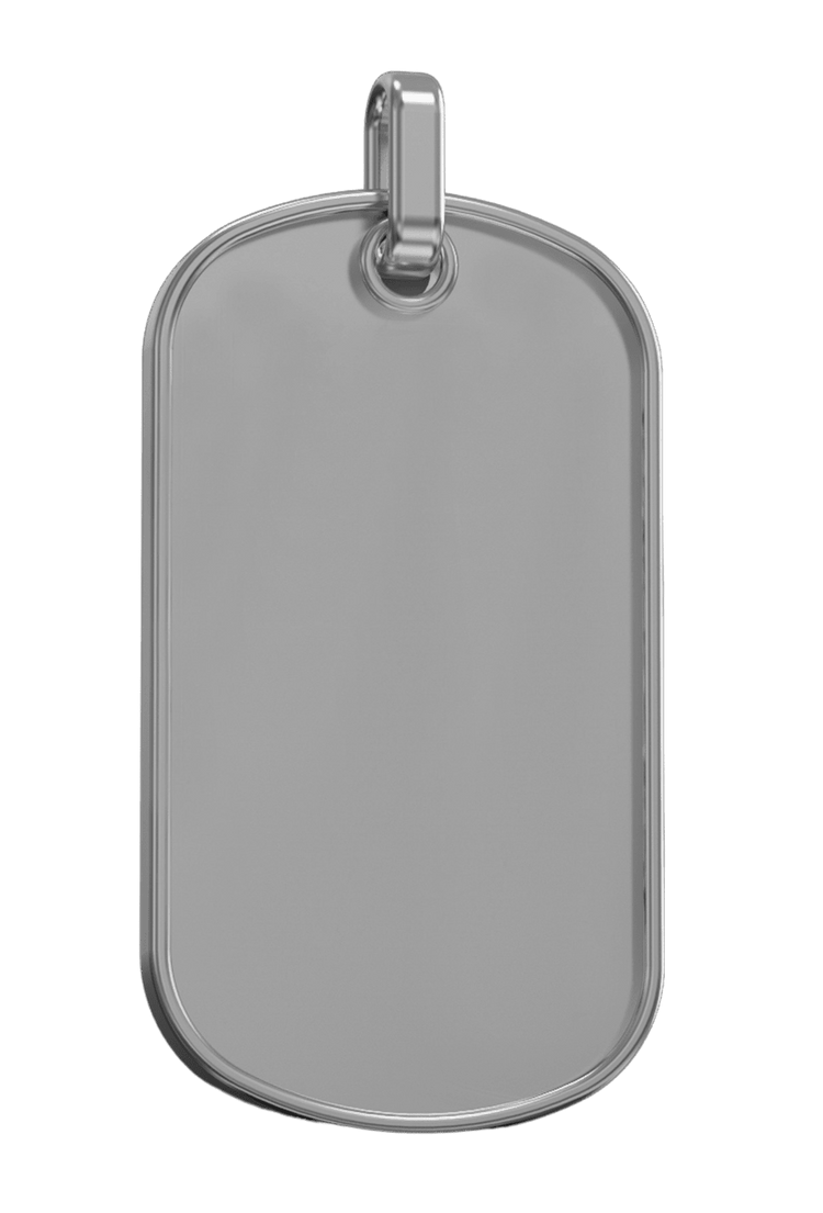 The Custom Military/Dog Tag Pendant features a plain, silver, rectangular design with rounded edges and a small metal loop—perfect for personalization—shown against a white background.