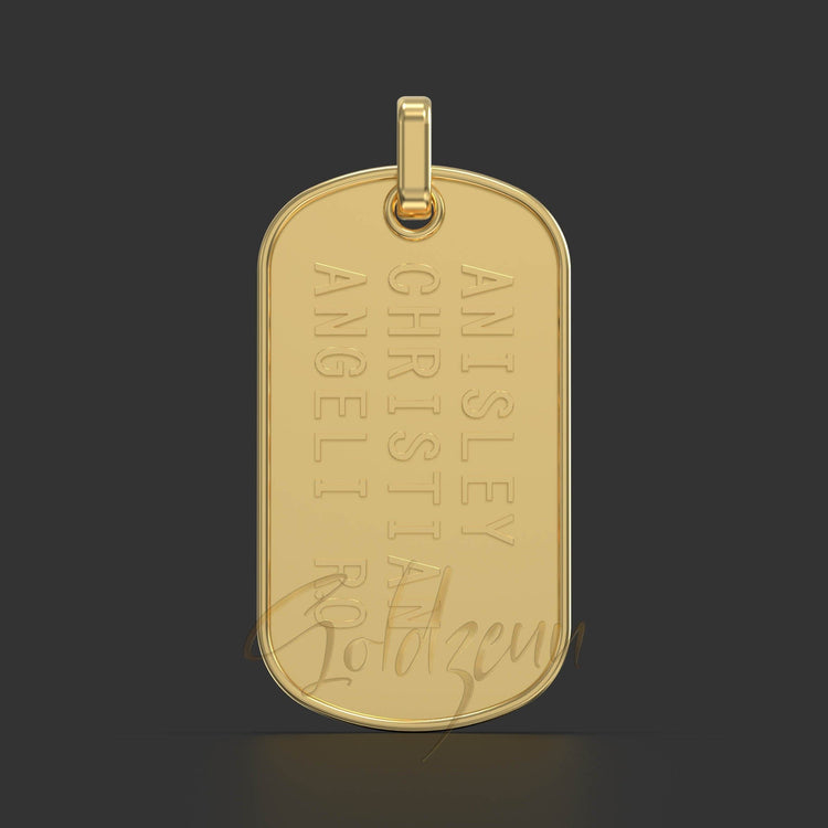The Custom Military/Dog Tag Pendant features a rectangular gold design with engraved vertical text “AINSLEY CHRISTIAN ANGELI R,” shown against a dark background.