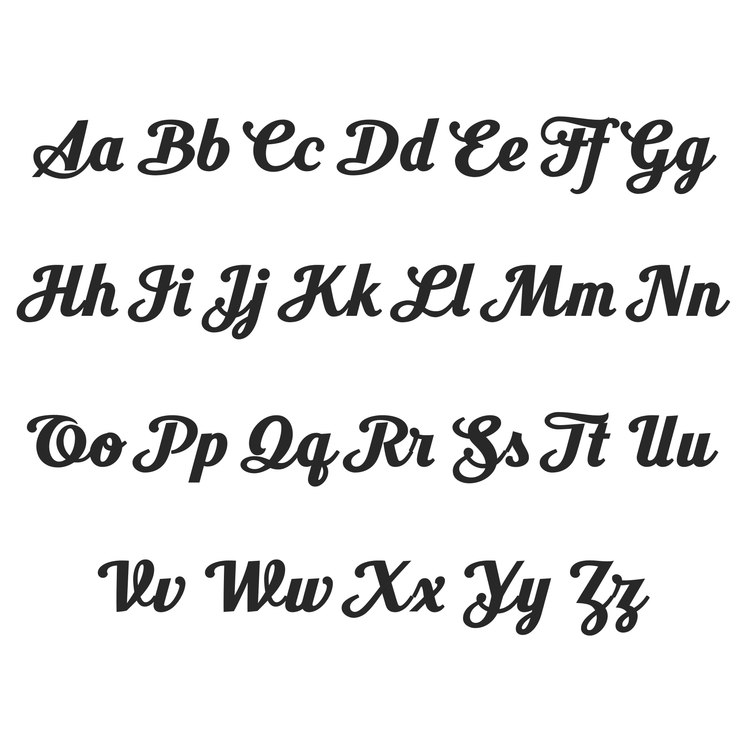 The image shows the English alphabet in bold, black cursive—ideal for designing a Custom Name Pendant Chain in 14k Solid Gold. Uppercase and lowercase letters are arranged in four lines from A to Z for personalized jewelry inspiration.