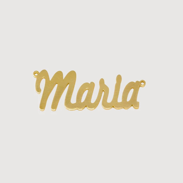 The Custom Name Pendant Chain - 14k Solid Gold features “Maria” in elegant cursive, with loops on each end for easy attachment to a chain. Set against a light background, it’s a stunning piece of personalized jewelry.