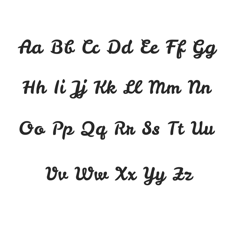 The image shows uppercase and lowercase cursive letters of the English alphabet, ideal for designing your Custom Name Pendant Chain in 14k solid gold.
