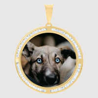 The Custom Picture Pendant Bezel Frame – 10k Solid Gold features a circle of clear rhinestones framing your pet’s photo, such as a light brown dog with blue eyes, for personalized jewelry that captures their unique gaze forever.