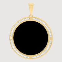 The Custom Picture Pendant Bezel Frame in 10k Solid Gold features a round design with a blank black center, sparkling clear stone border, and gold bail—ideal for creating unique personalized photo jewelry.