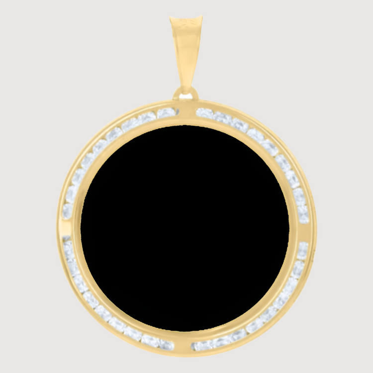 The Custom Picture Pendant Bezel Frame in 10k Solid Gold features a round design with a blank black center, sparkling clear stone border, and gold bail—ideal for creating unique personalized photo jewelry.