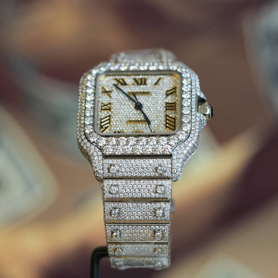 Cartier Santos Iced Out- Automatic 39.8mm | GOLDZENN- Showing the side view detail of the watch.