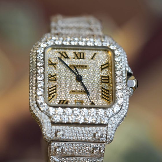 Cartier Santos Iced Out- Automatic 39.8mm | GOLDZENN- Showing the closer detail of the watch.