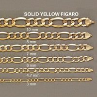 A display of seven yellow gold Figaro chains, including the 4.5 mm Gold Figaro Bracelet, ranges from 10 mm to 3 mm in thickness, all showcased against a sleek gray background.