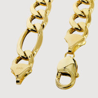 Close-up of the Figaro Chain 3mm – Solid Yellow Gold: a men's bracelet with large interlocking links and a lobster clasp, engraved with 10KT to indicate the gold’s purity, shown against a white background.