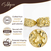 The Gold Nugget Ring - 10k Solid Gold is shown with icons and text highlighting highest quality gold, hassle-free warranty, and secure shipping. The Goldzeuu brand name appears at the top.