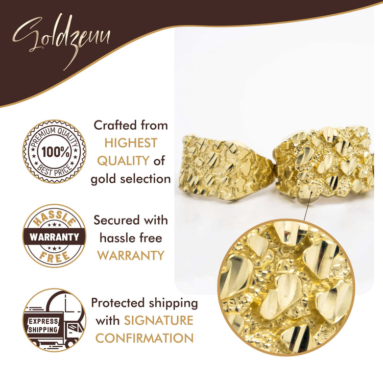The Gold Nugget Ring - 10k Solid Gold is shown with icons and text highlighting highest quality gold, hassle-free warranty, and secure shipping. The Goldzeuu brand name appears at the top.