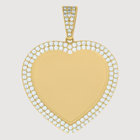 The Heart Frame Charm Picture Pendant in 10k solid gold features a heart shape bordered with two rows of small, round white gemstones and can be personalized with a photo, displayed against a plain light gray background.
