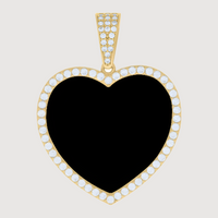 The Heart Picture Pendant in 10k Solid Gold features a heart shape outlined with small white gemstones and a solid black center, shown against a light gray background.
