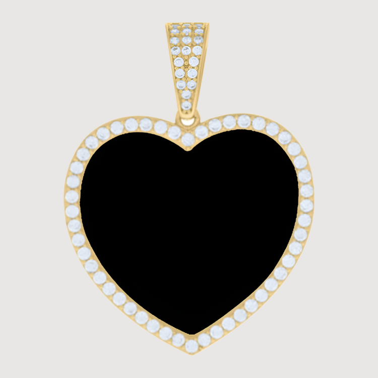The Heart Picture Pendant in 10k Solid Gold features a heart shape outlined with small white gemstones and a solid black center, shown against a light gray background.