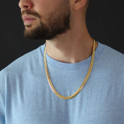 7mm - Cuban Link- 14k Gold Bonded| GOLDZENN Jewelry- Chain view when worn with a model
