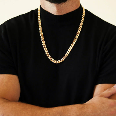 10 mm Cuban Link Chain -14k Gold Bonded| GOLDZENN Jewelry - When Worn With A Model View