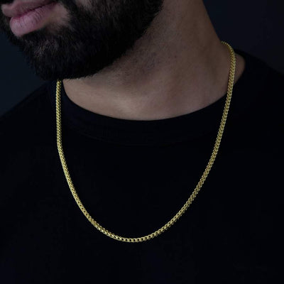 Franco Link Chains- 2.5mm - 14k Gold Bonded| GOLDZENN- Chain view while wearing with a model