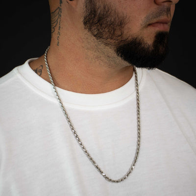 4mm 925 Silver Rope Chain | GOLDZENN Jewelry- Side view detail of the chain while wearing with a model.