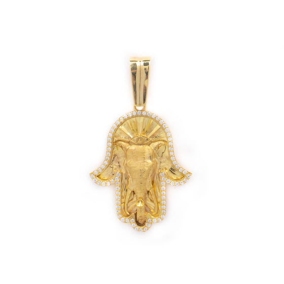 Hamsa Hand Pendant - 10k Solid Gold| GOLDZENN- Showing the pendant's full detail.
