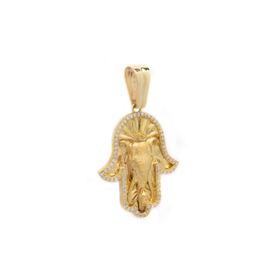 Hamsa Hand Pendant - 10k Solid Gold| GOLDZENN- Showing the side view detail of the pendant.