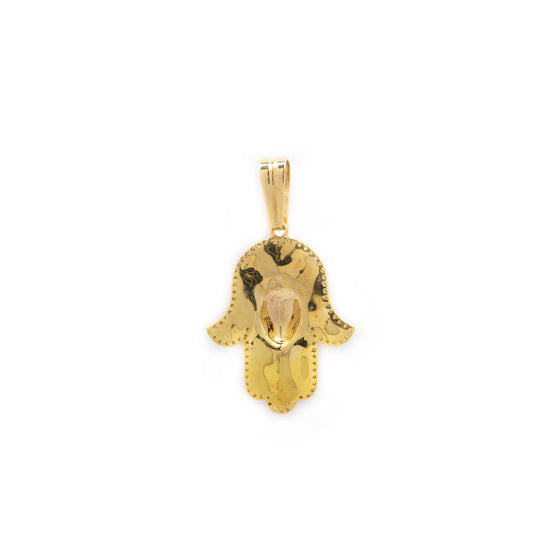 Hamsa Hand Pendant - 10k Solid Gold| GOLDZENN- Showing the back detail of the pendant.