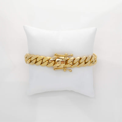 12mm Solid Gold Cuban Link Bracelet | GOLDZENN Jewelry- Box lock and chain view in yellow gold