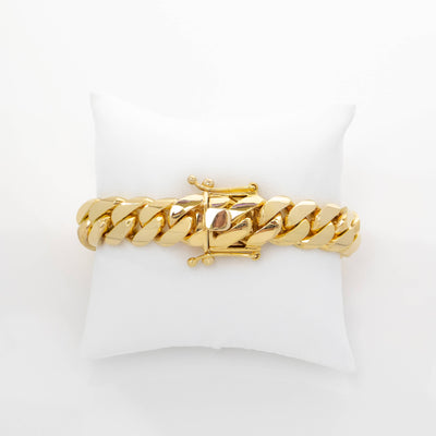 Solid Gold Cuban Link Bracelet- 15mm | GOLDZENN Jewelry- Closer link chain and box lock view in yellow gold