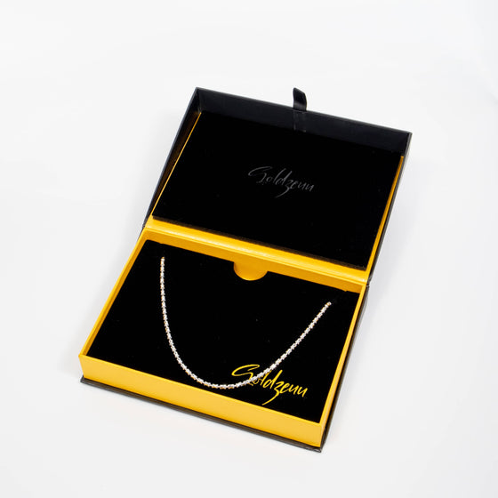 3mm - Barrel Crystal Chain Necklace - 925 Silver| GOLDZENN- In a box view of the chain.