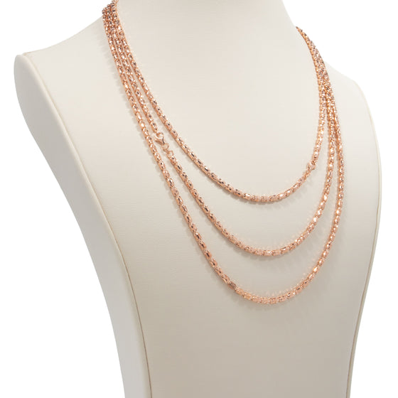 Barrel Crystal Chain- 3mm- 10k Rose Gold | GOLDZENN- Side view detail of the chain in 3 length variations.