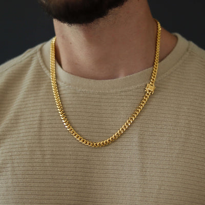 6mm - Cuban Link Chain - 14k Gold Bonded| GOLDZENN Jewelry- Chain and lock detail.